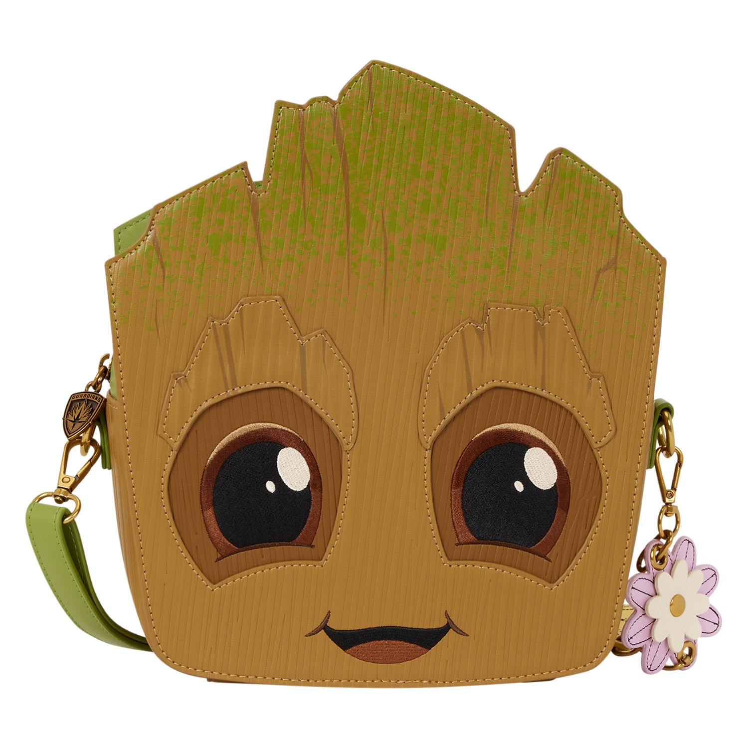 Groot-shaped Loungefly crossbody bag with embroidered eyes and pink flowers