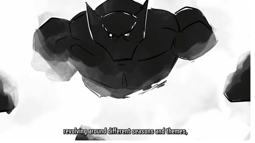 Black-and-white concept sketch of a broad-shouldered Marvel Rivals character from the official Art Vision video