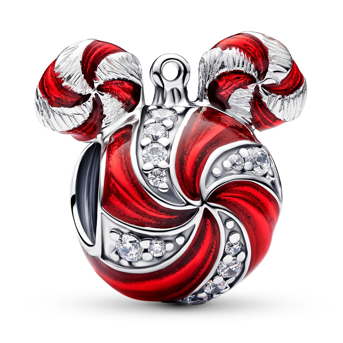 Sterling silver Mickey Mouse peppermint swirl charm with red enamel and clear stones