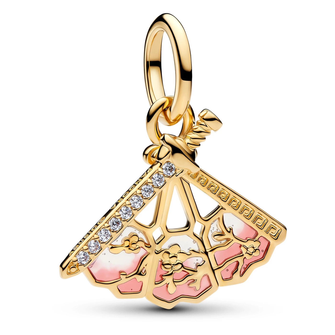 Gold-plated Mulan fan charm by Pandora with pink enamel and a pavé sword detail