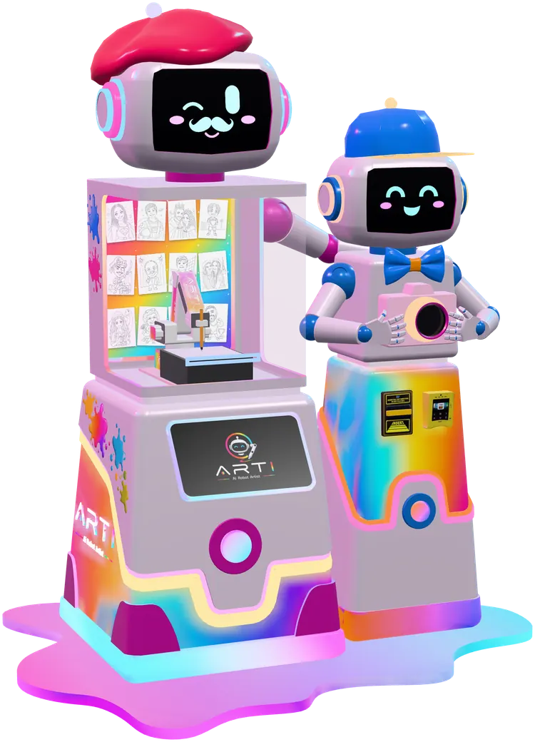 Sweet Robo ARTI machines, including the robot artist with a red beret and drawing arm