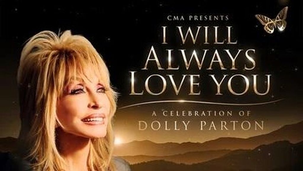 Dolly Parton beside the title card for CMA Presents: I Will Always Love You