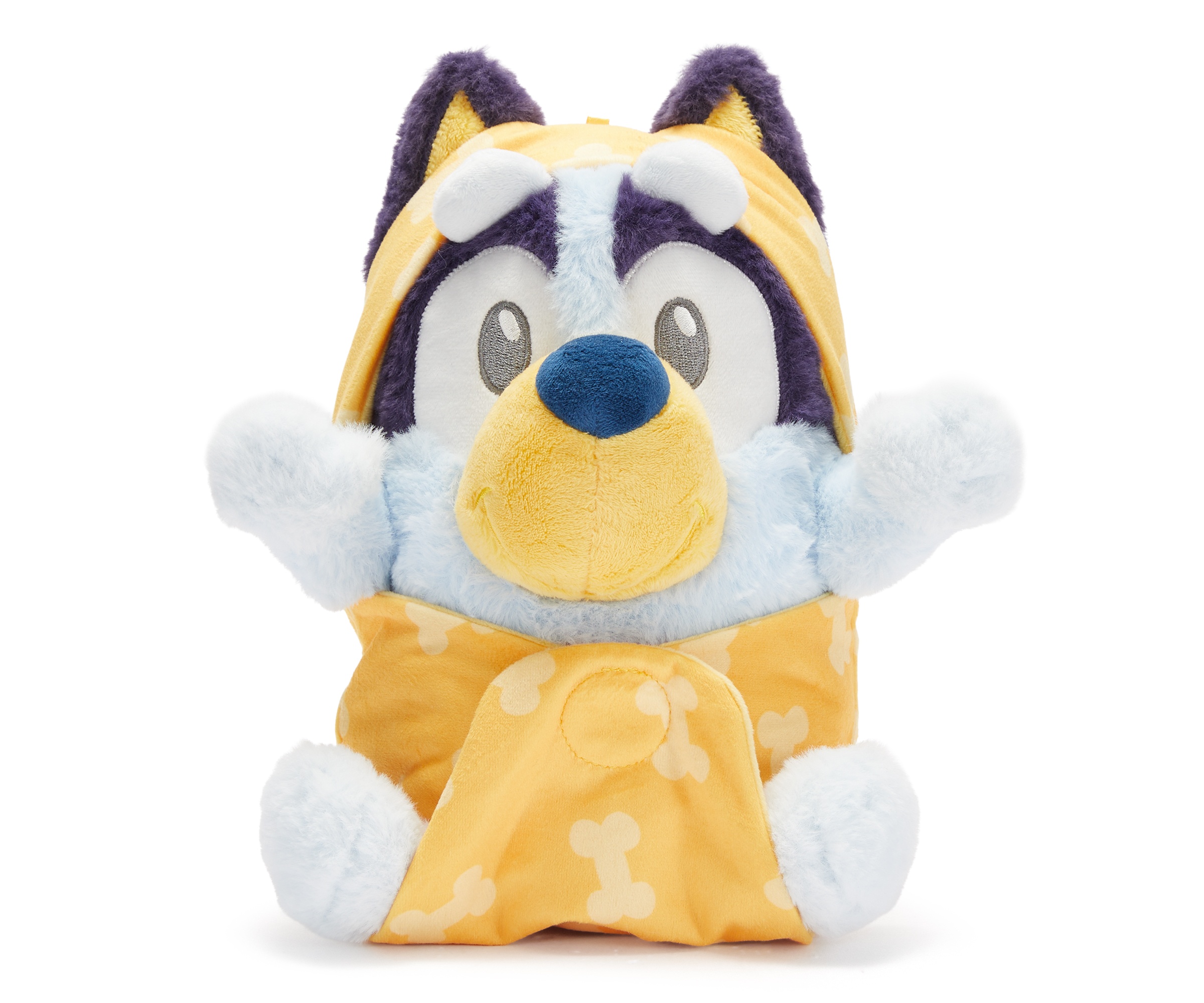 Bluey plush tucked inside a yellow dog-bone-print blanket pouch