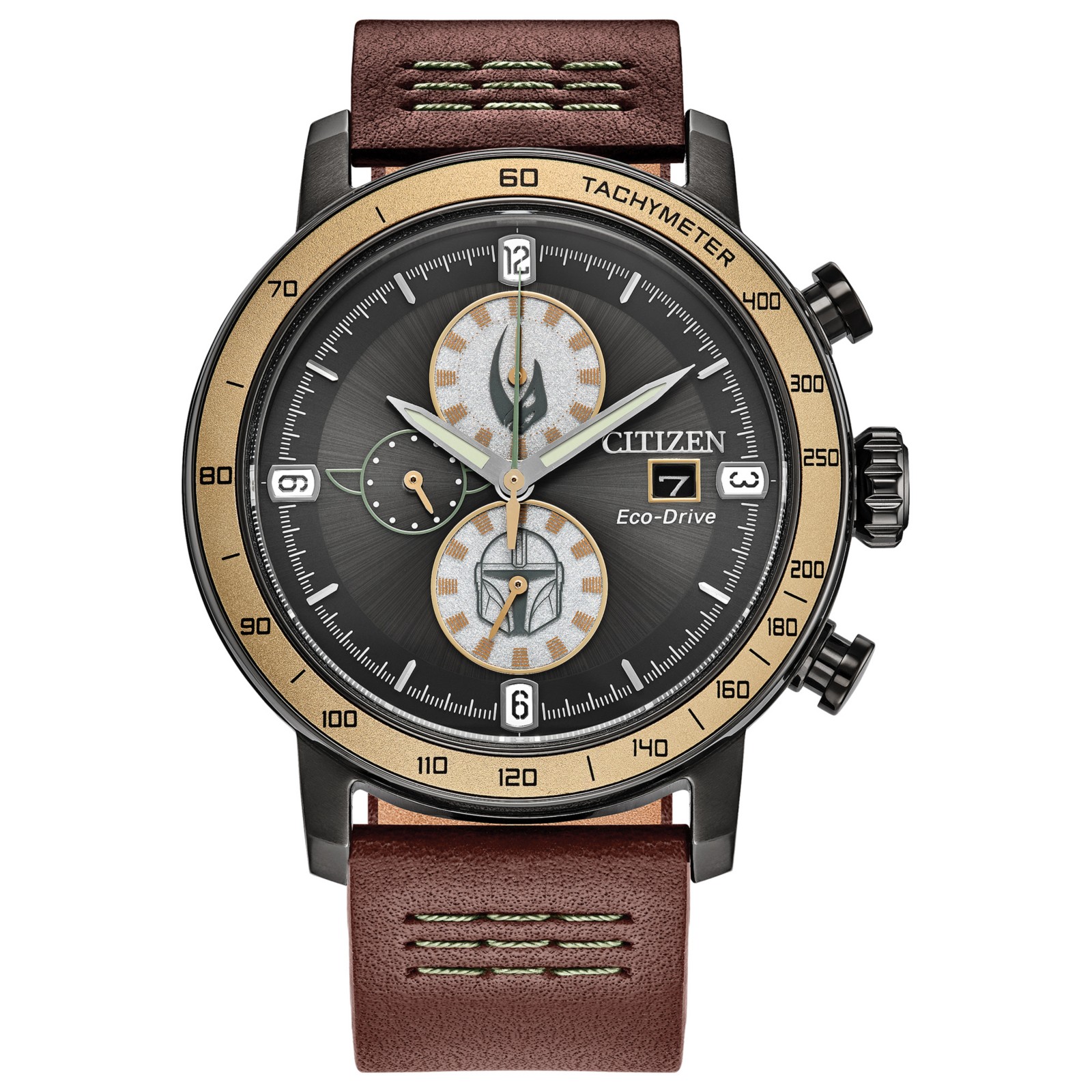 Citizen Mandalorian and Grogu watch with brown leather strap and illustrated dial