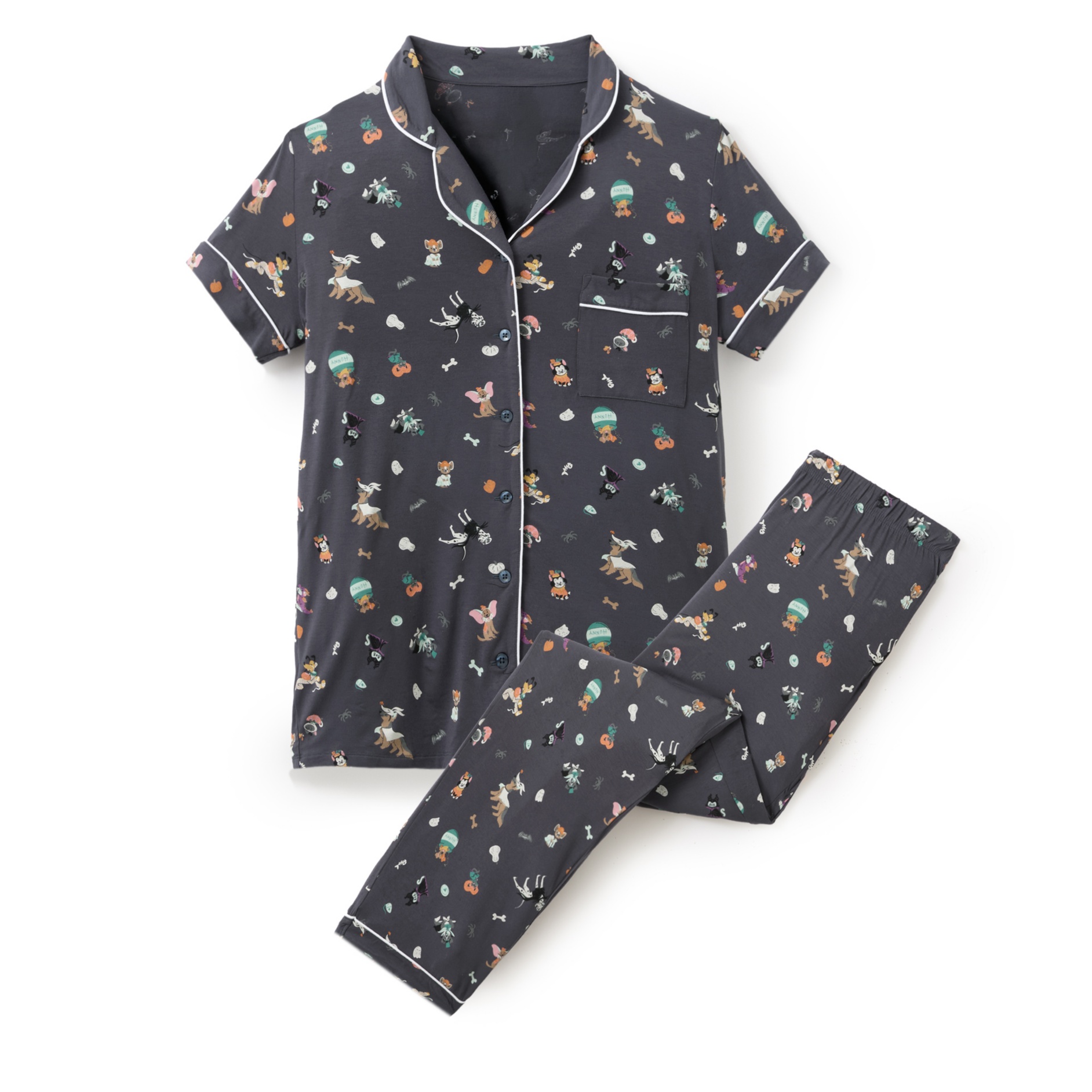Dark-gray Disney Cats and Dogs Halloween sleep set with button-front top and matching pants