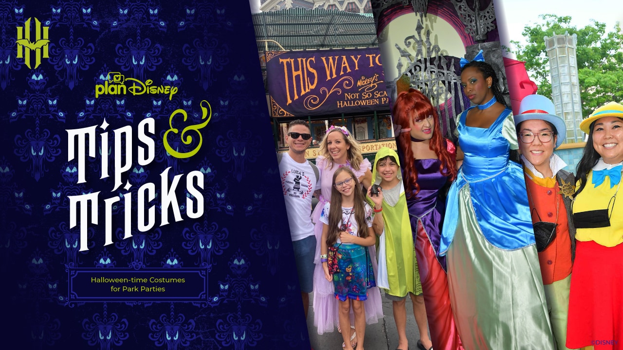 Disney World guests wearing Halloween costumes near Magic Kingdom