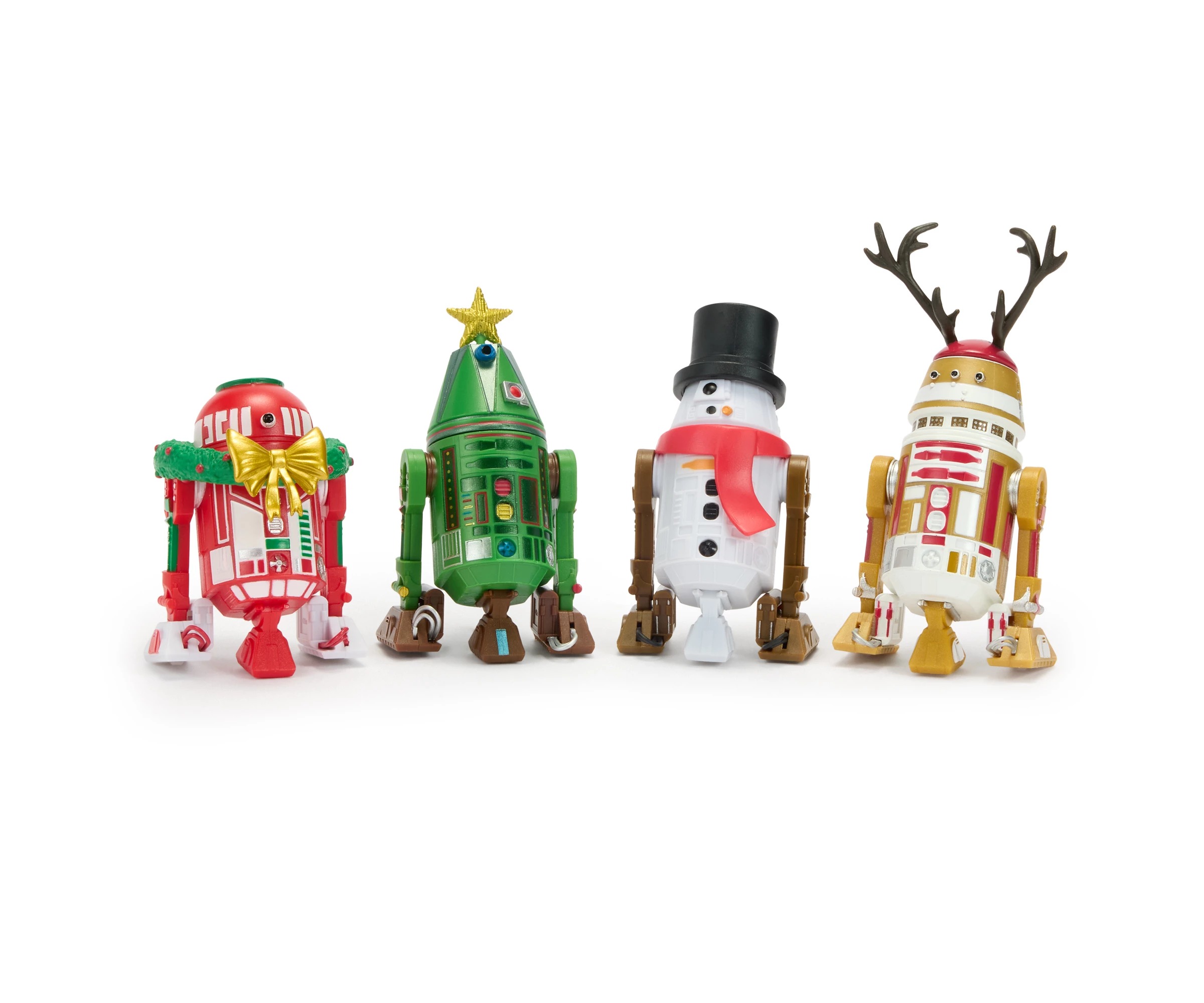 Four Disney Store holiday droids dressed as a wreath, Christmas tree, snowman and reindeer