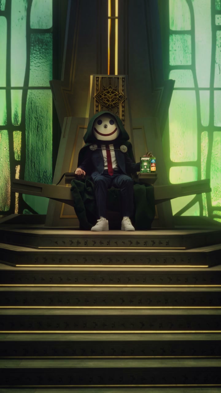 Jack in the Box mascot seated on an ornate throne in a green hood and cape