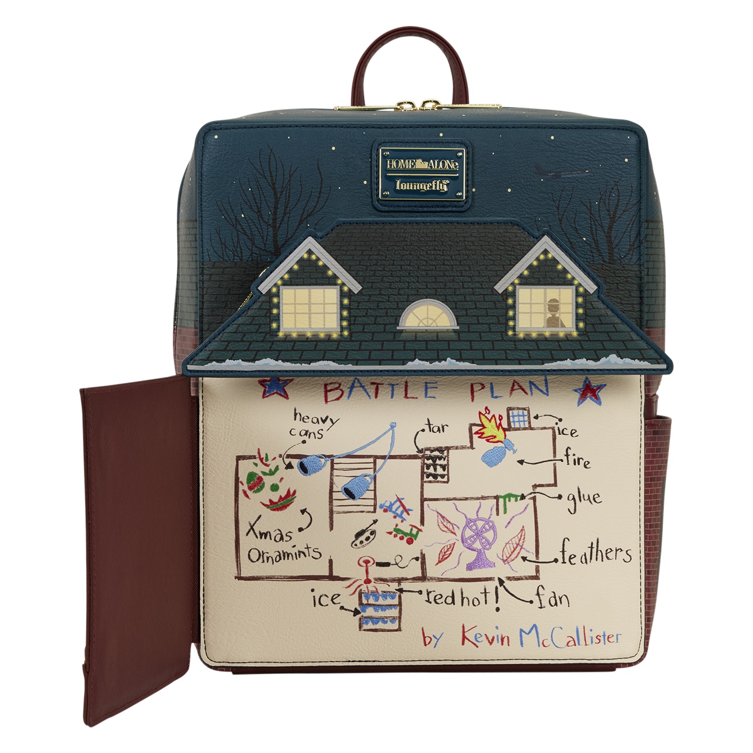 Loungefly Home Alone Battle Plan Mini Backpack with its front flap open