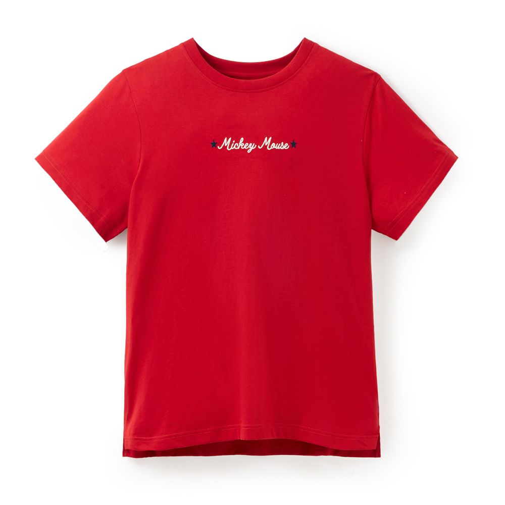 Red Mickey Mouse Americana women’s T-shirt with an embroidered Mickey signature and stars