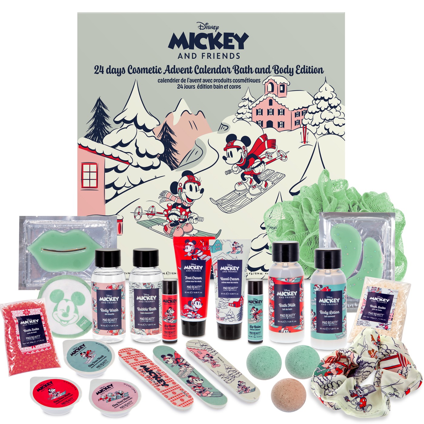 Mickey Mouse and Friends Mad Beauty 24-day cosmetic advent calendar and bath products