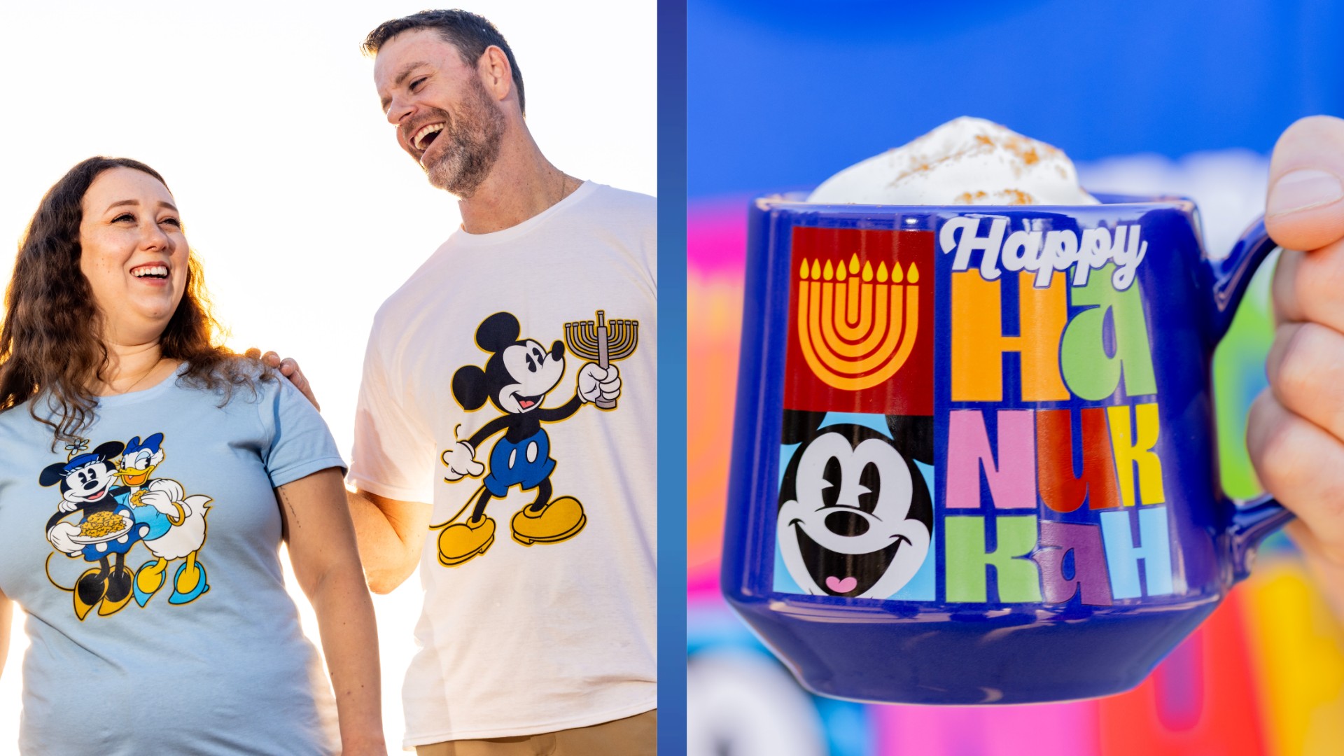 Mickey and Minnie Hanukkah shirts beside a coordinating mug