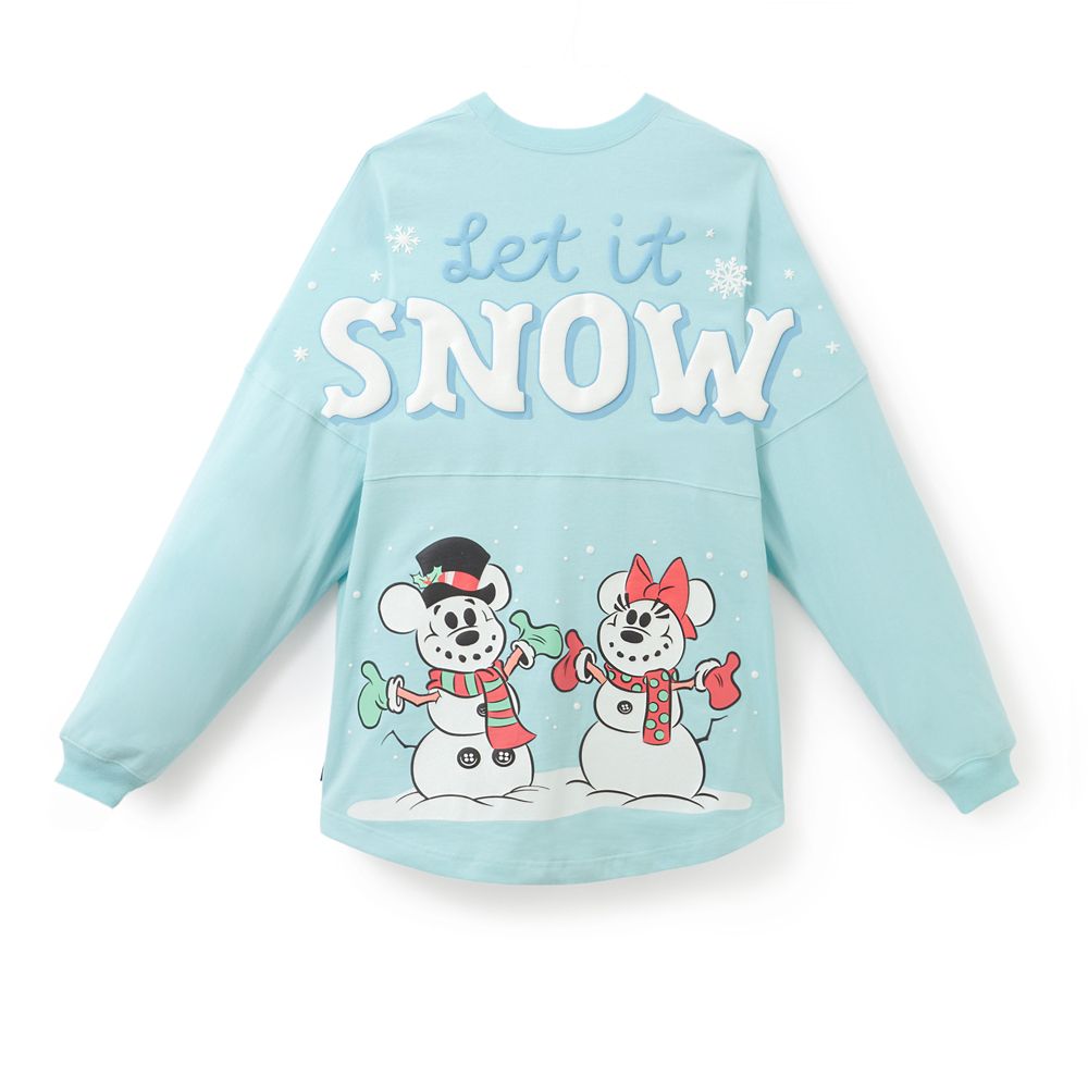 Icy-blue Let It Snow Spirit Jersey with snowman Mickey and snowwoman Minnie artwork