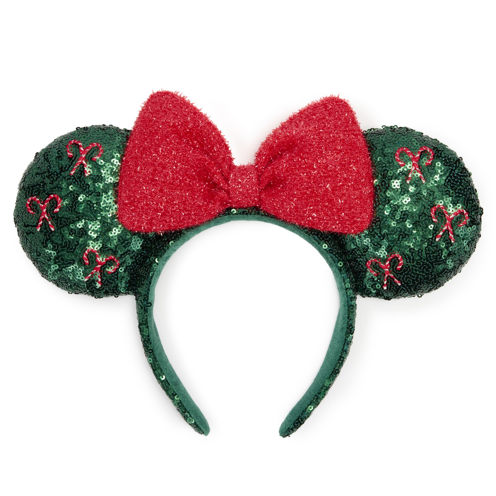 Green sequined Minnie Mouse holiday ear headband with candy-cane appliqués and a red bow