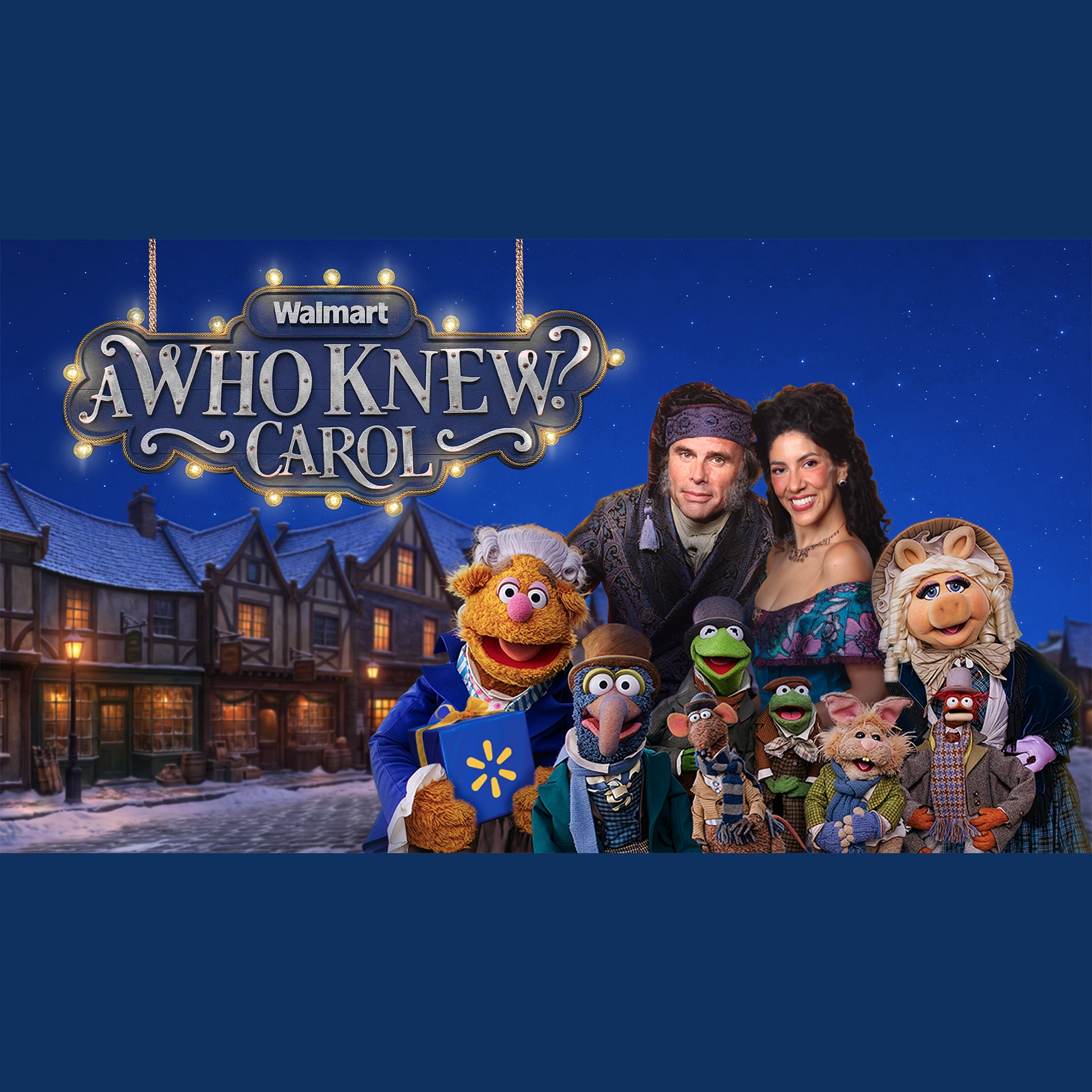 Walton Goggins and Stephanie Beatriz pose with the Muppets for Walmart’s A Who Knew Carol campaign