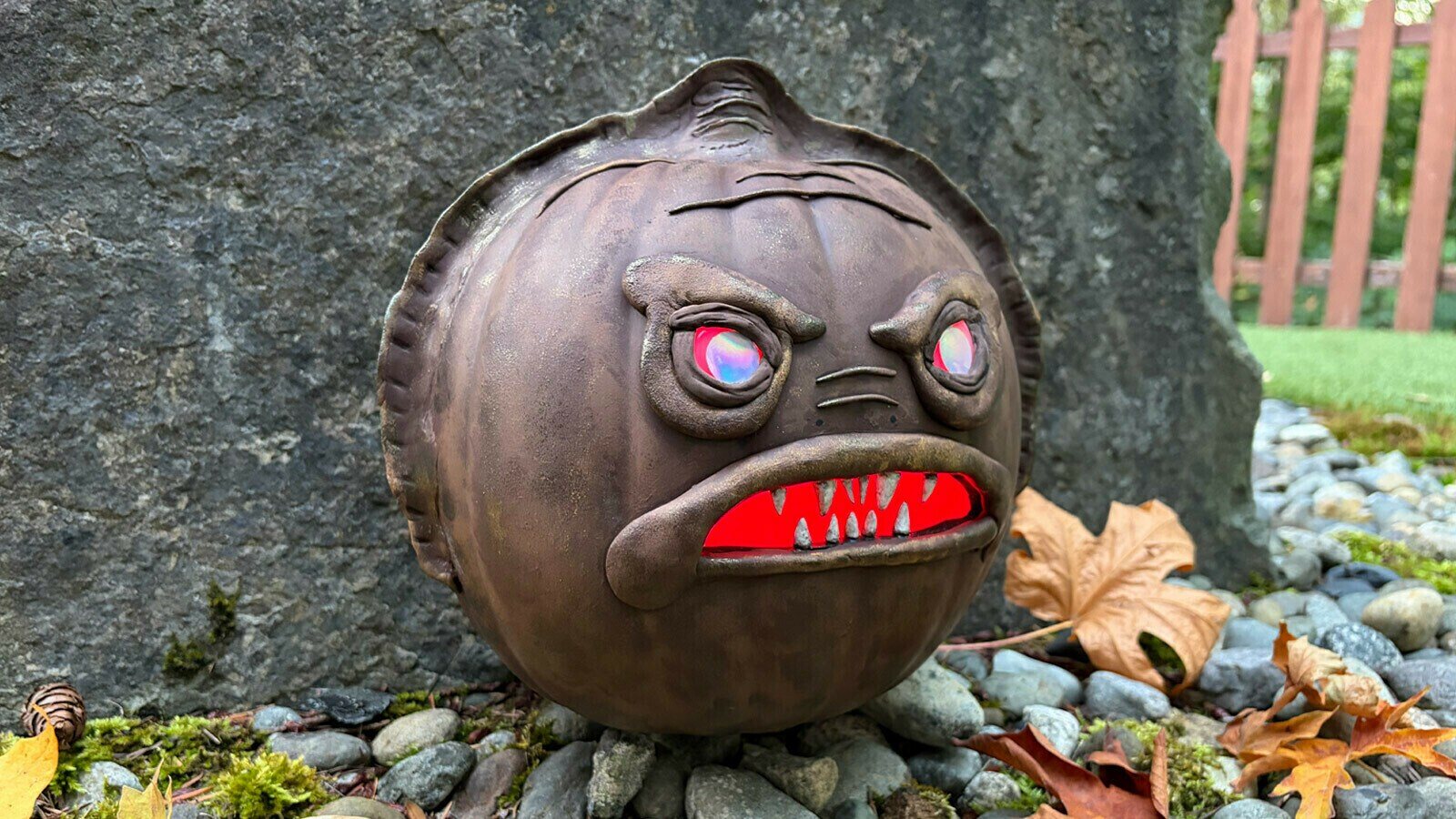 Finished Amani guard gourd with glowing red eyes from the official Star Wars Halloween craft