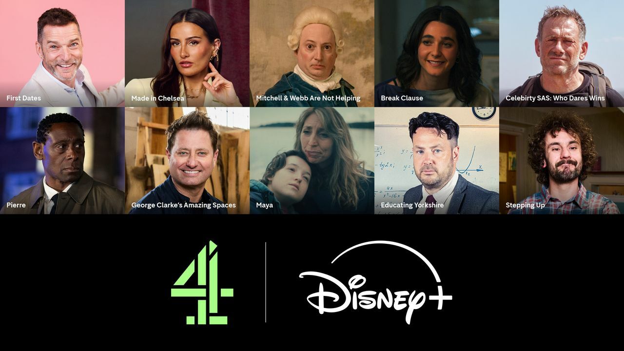 Channel 4 program images above the Channel 4 and Disney+ logos