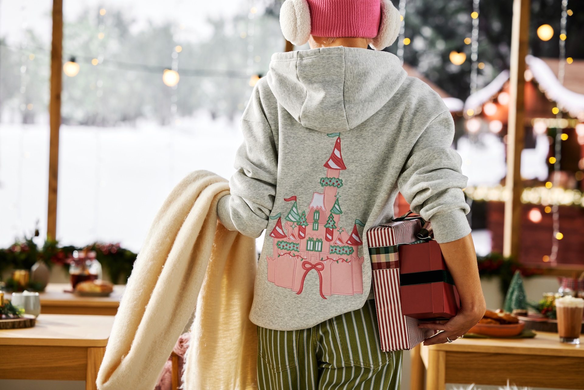 Gray Disney Holiday Pastel zip hoodie with a pink Fantasyland castle design