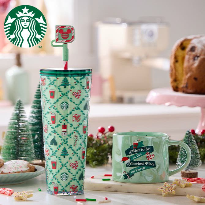 Mint-green Disney and Starbucks holiday tumbler and mug