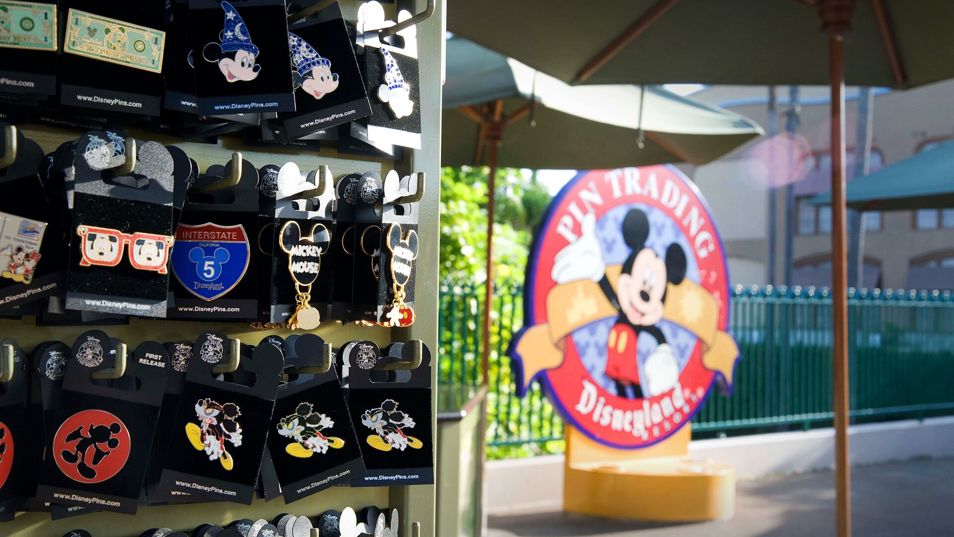 A display of collectible pins at Disney's Pin Traders in Downtown Disney