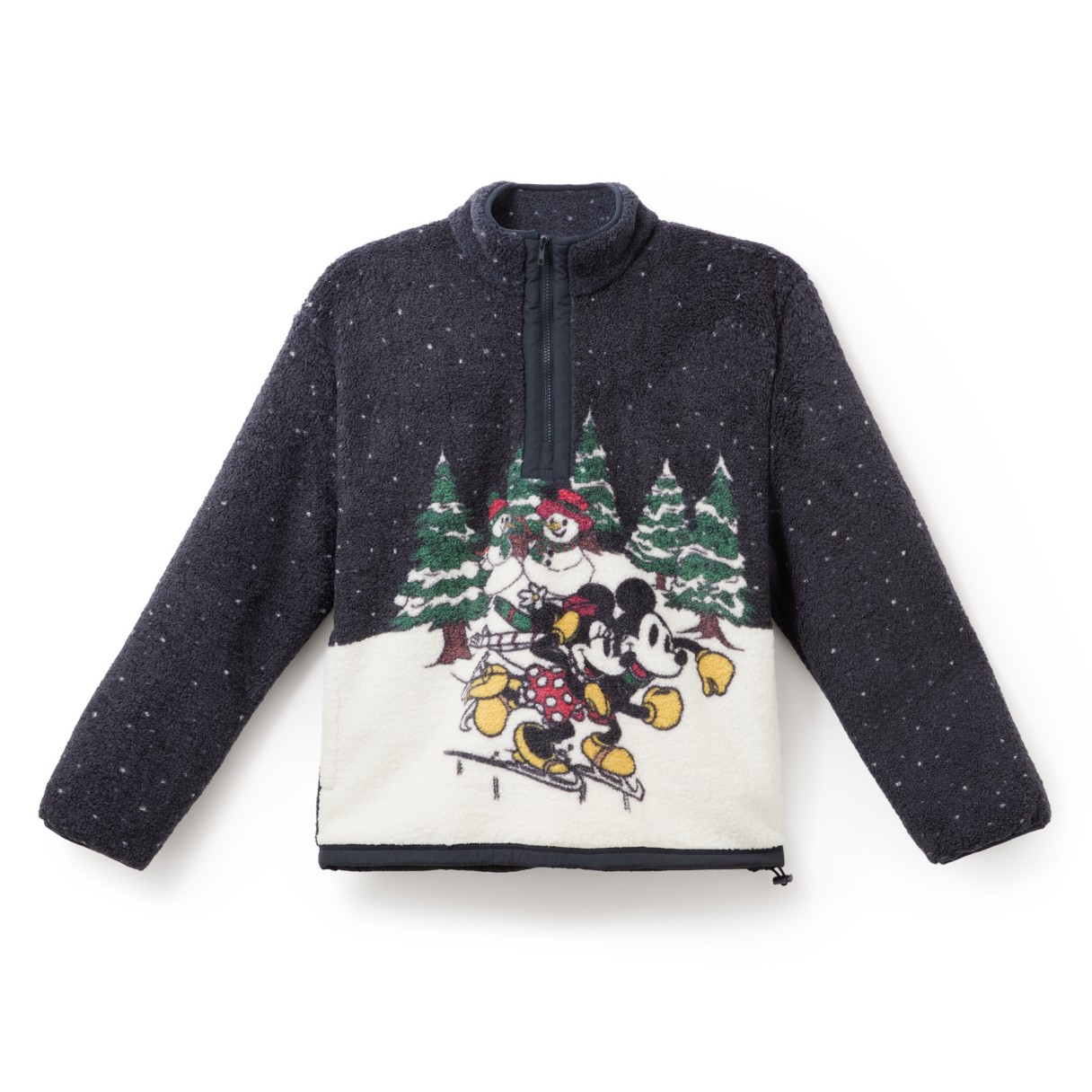 Mickey and Minnie skating across the front of a black faux-shearling holiday jacket