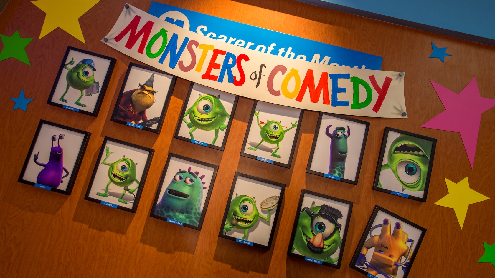 Framed pictures of the Monsters of Comedy at Monsters, Inc. Laugh Floor