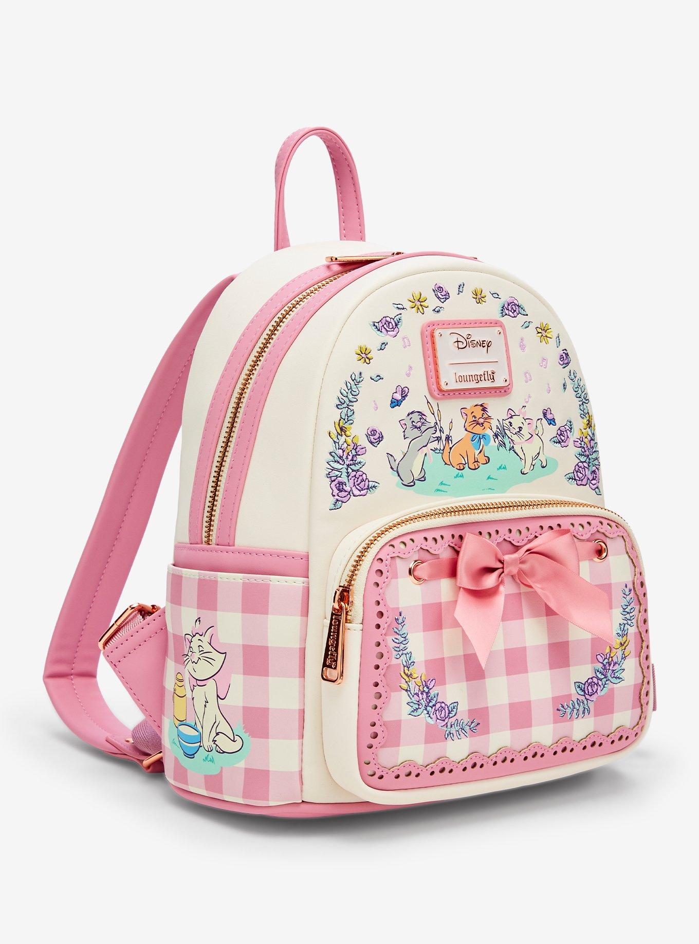 Angled view of the pink Aristocats floral gingham Loungefly backpack