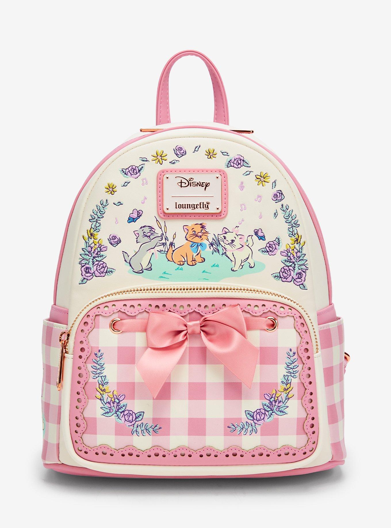 Pink floral gingham Aristocats Loungefly mini backpack featuring Marie, Toulouse and Berlioz