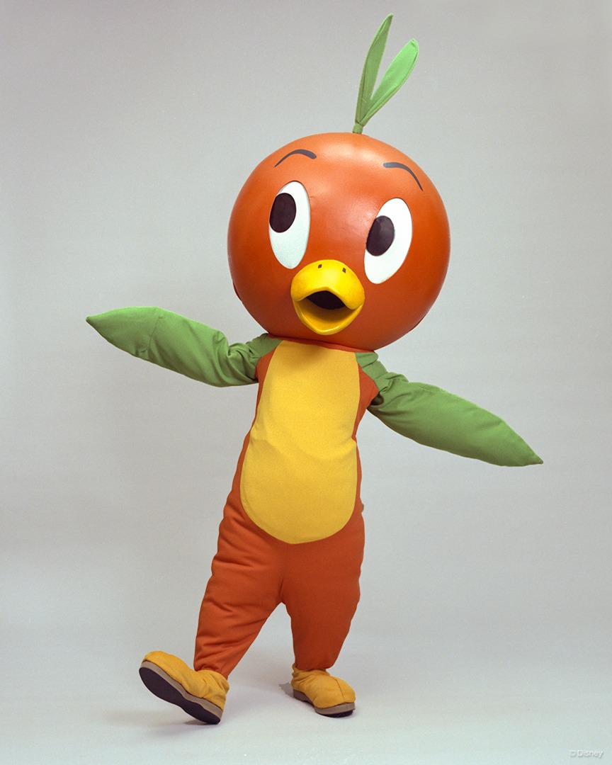 Orange Bird character costume photographed against a gray studio backdrop