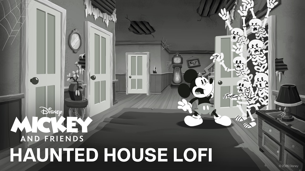 Mickey Mouse recoils from skeletons in Disney’s grayscale Haunted House Lo-Fi video