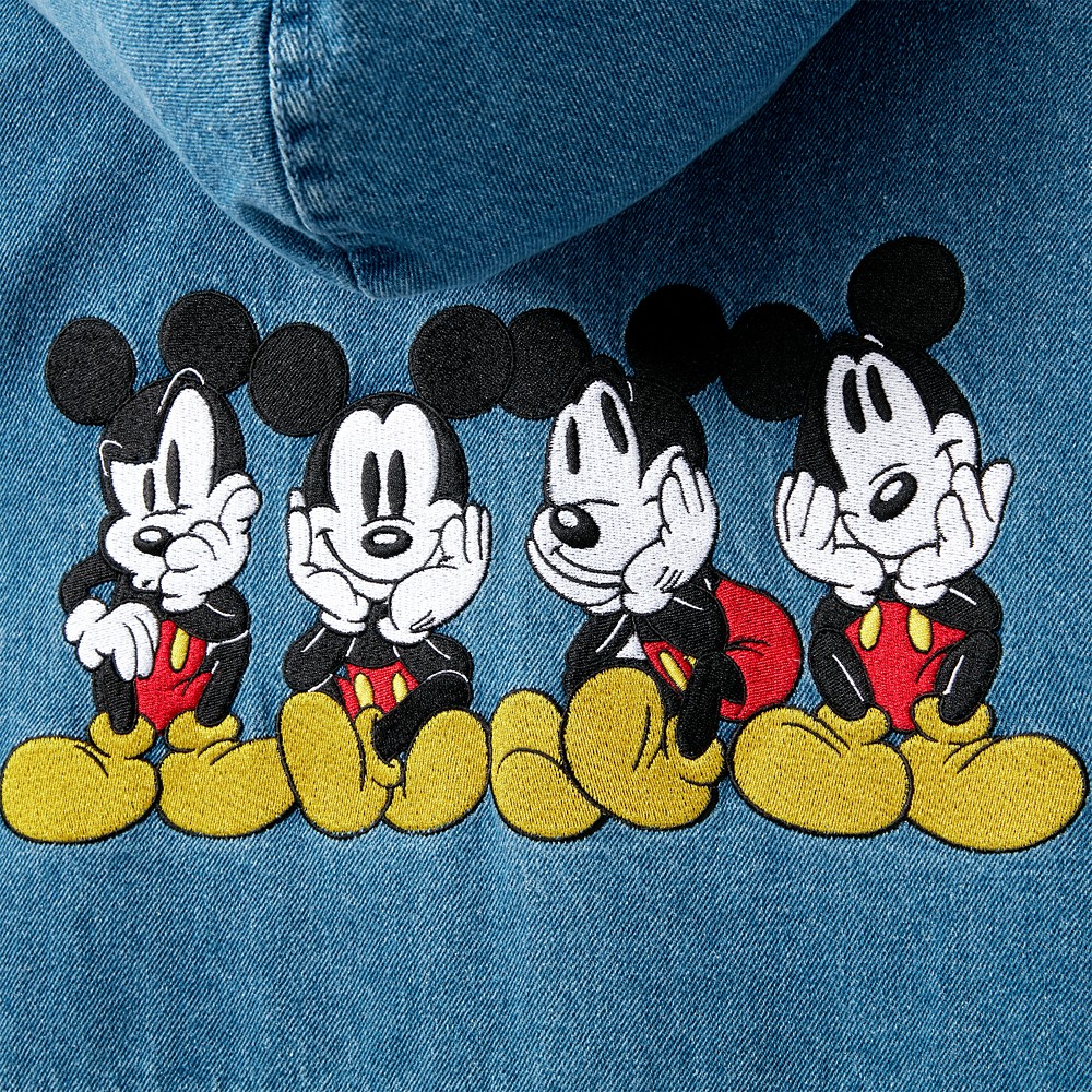 Detail view of the denim, hood and zipper