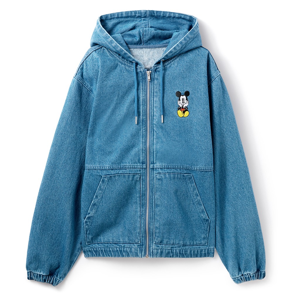 Front of the blue denim Mickey Mouse zip hoodie