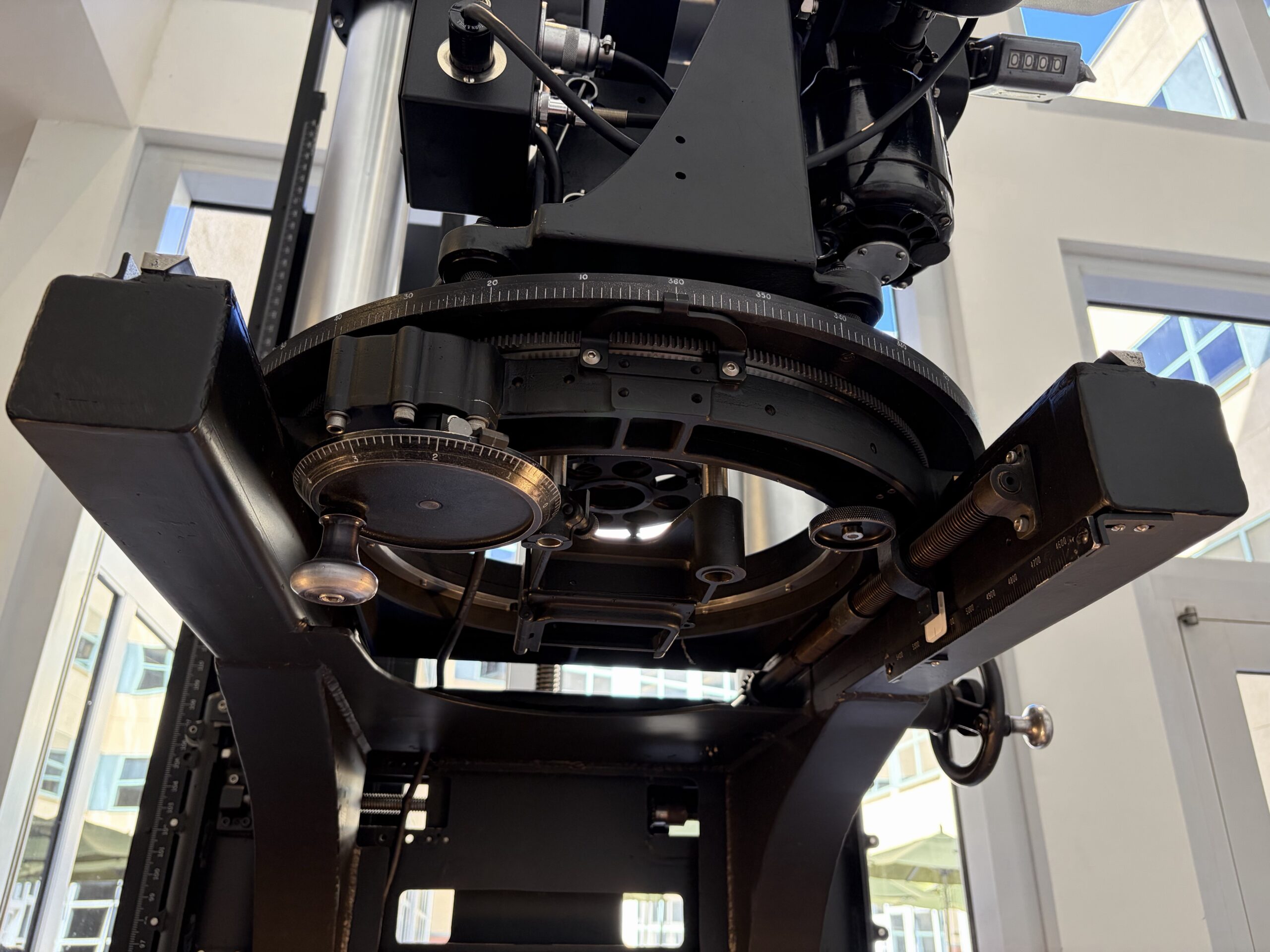 The upper camera assembly and measurement controls on Disney’s historic multiplane camera
