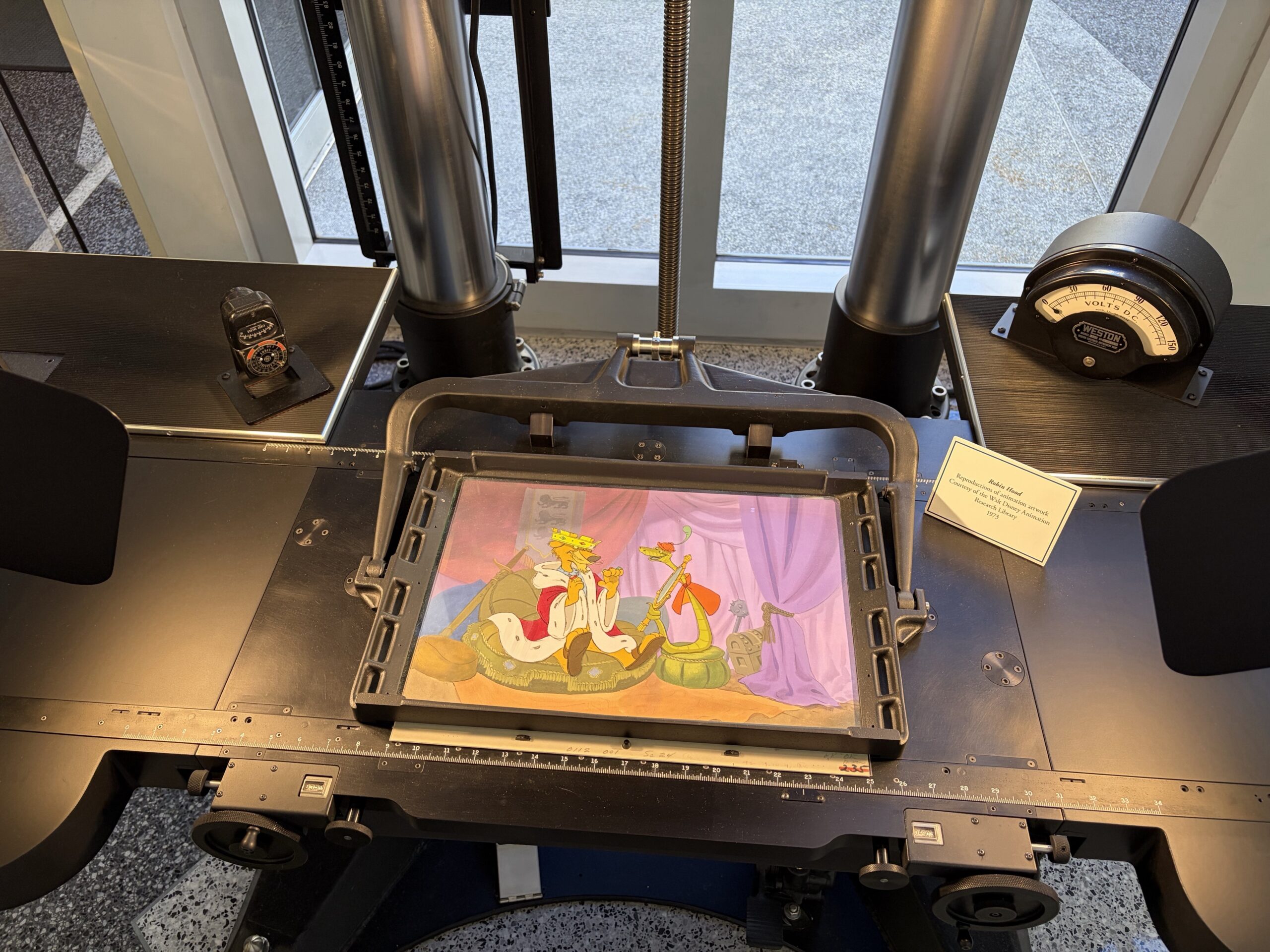 A Robin Hood animation reproduction positioned on the multiplane camera table