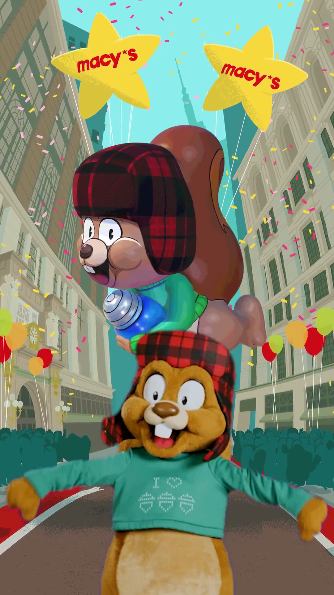 Earl the Squirrel’s balloon floats above his Universal Orlando character in a parade animation