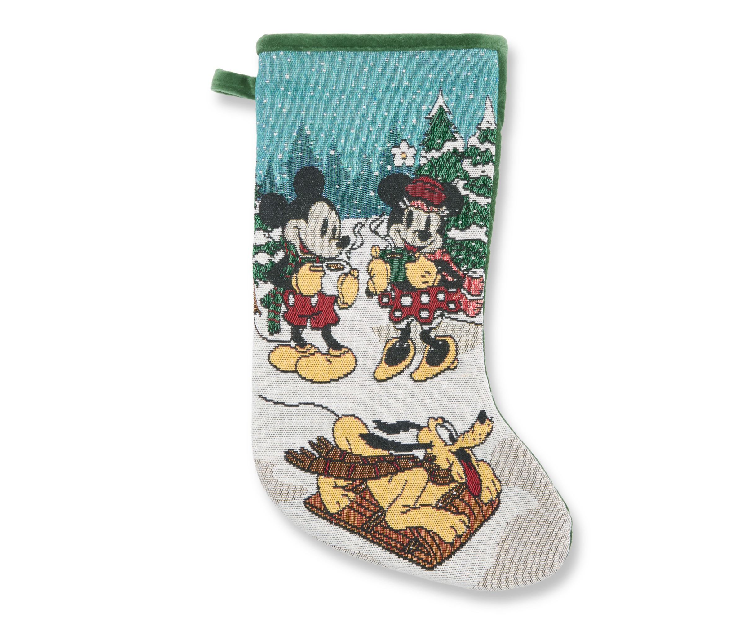 Mickey, Minnie and Pluto on a woven Christmas stocking