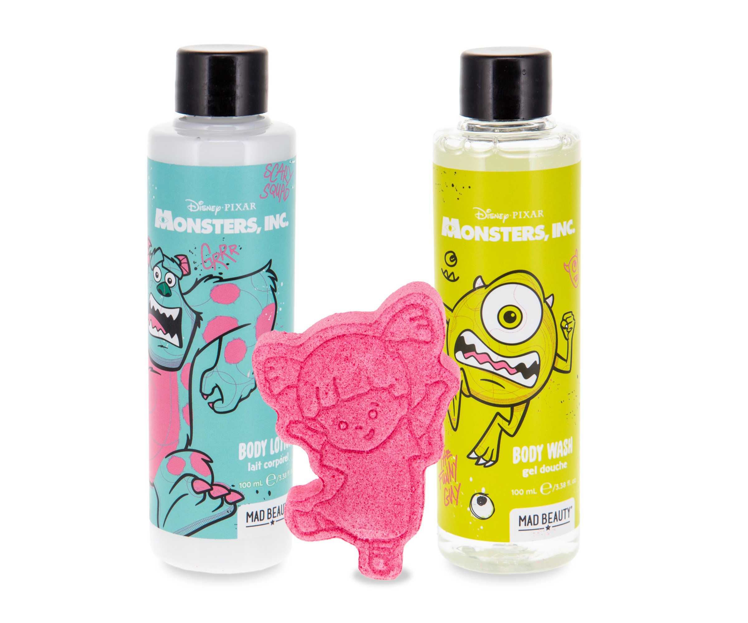 Monsters, Inc. body wash, body lotion and Boo-shaped bath fizzer