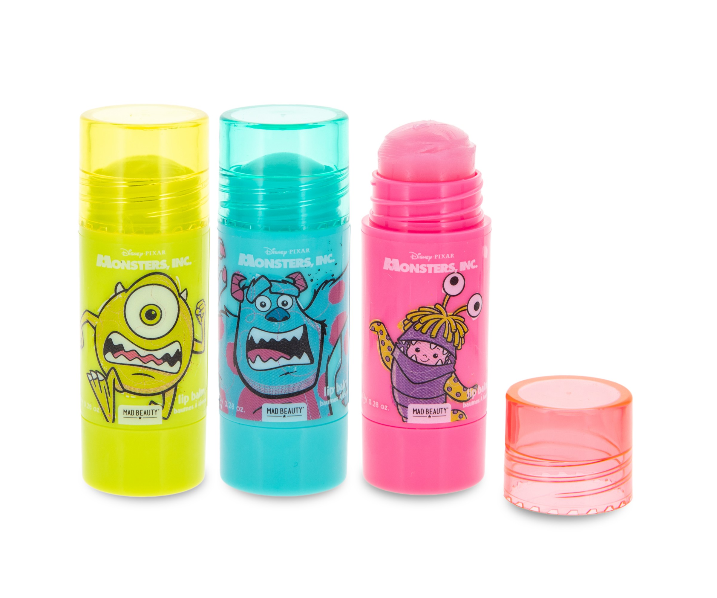 Mike, Sulley and Boo lip balms in a Sulley-inspired gift box