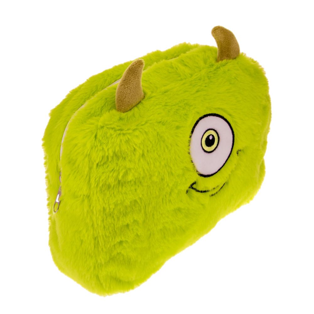 Angled view of the Mike Wazowski side and zipper on the Monsters, Inc. cosmetic bag