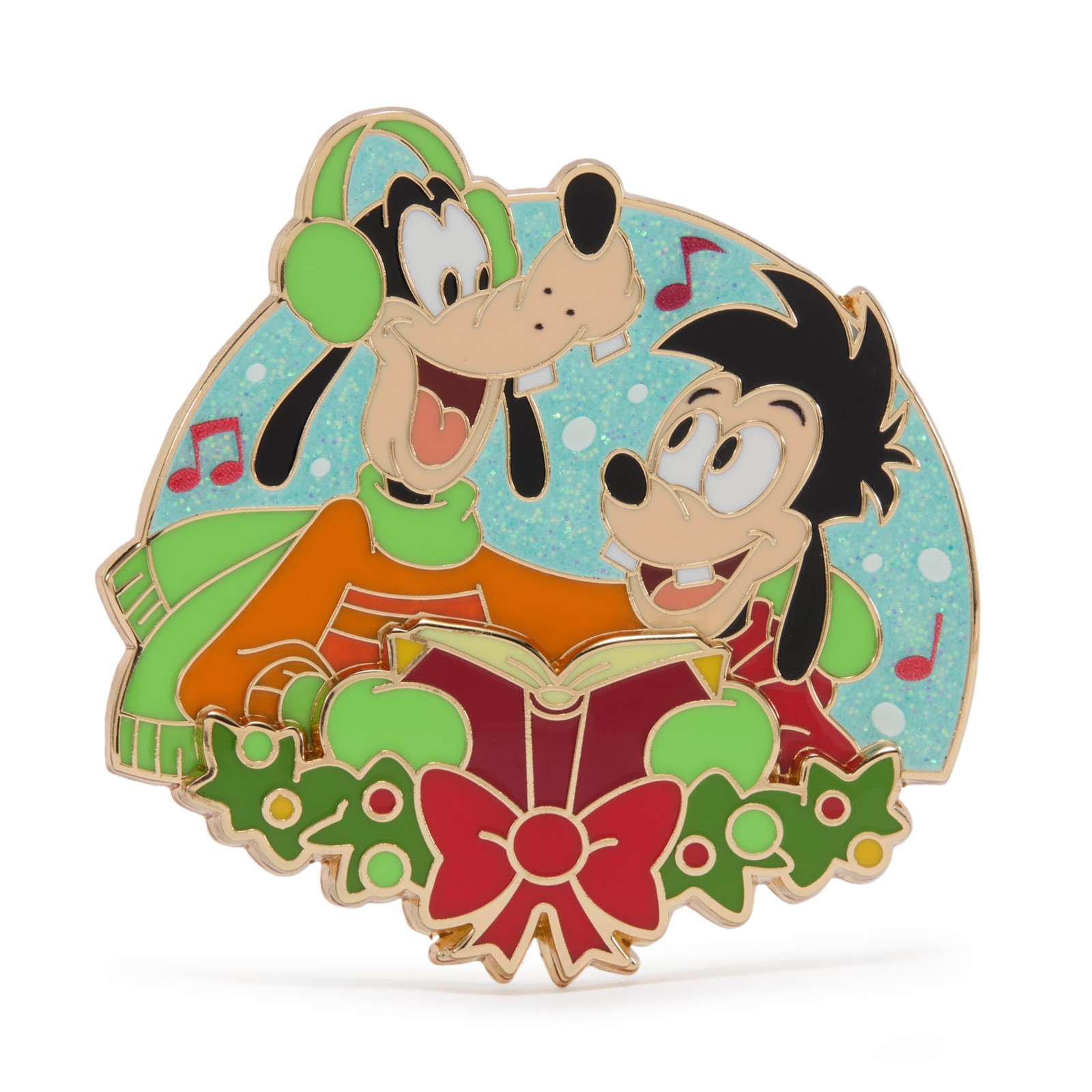 Goofy and Max singing Christmas carols on a Disney Magical Melodies holiday pin
