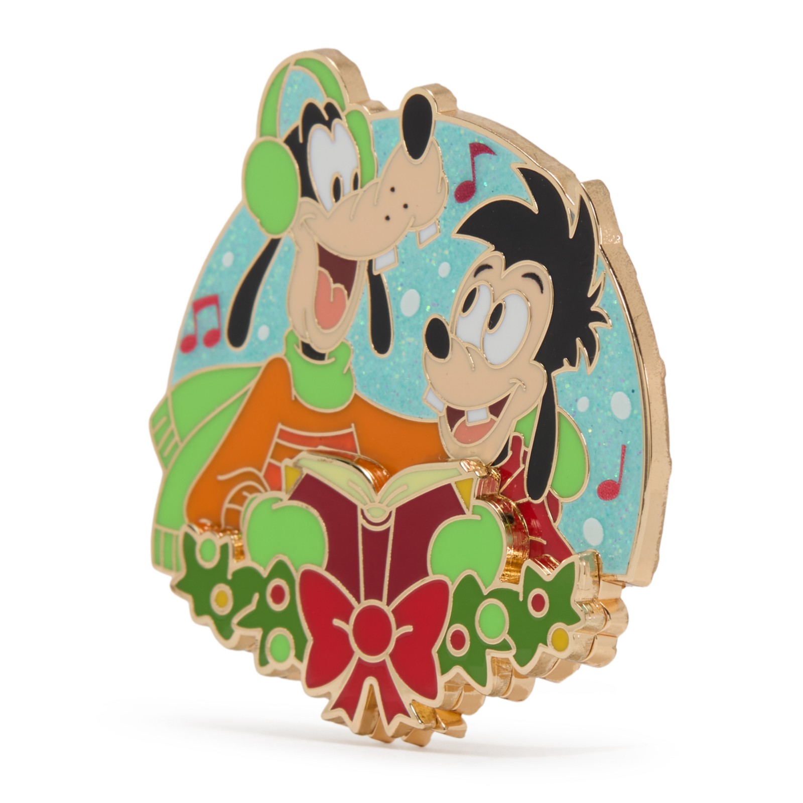 Angled view of the Goofy and Max Magical Melodies holiday pin