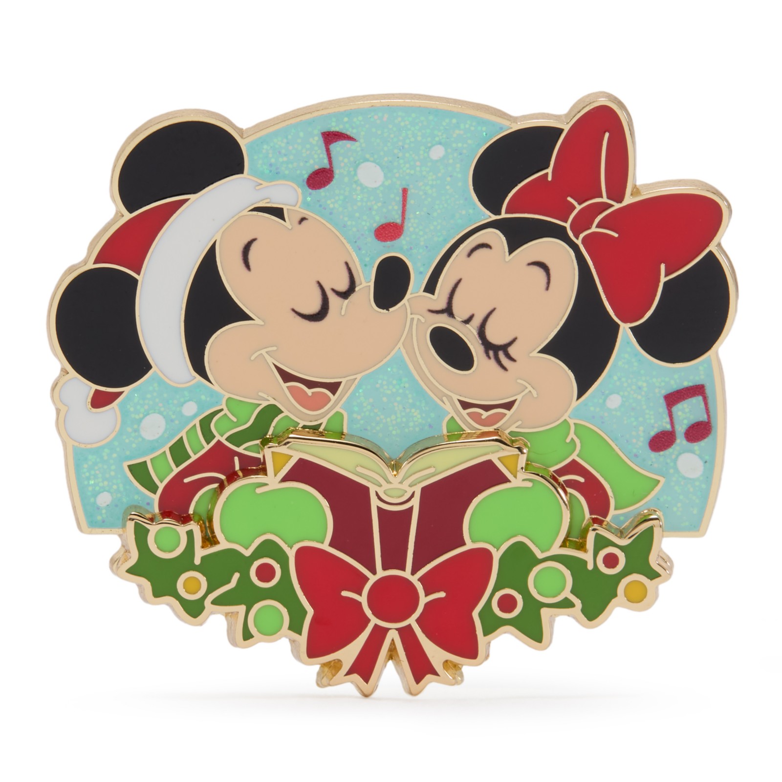 Mickey and Minnie Mouse singing Christmas carols on a Disney Magical Melodies holiday pin
