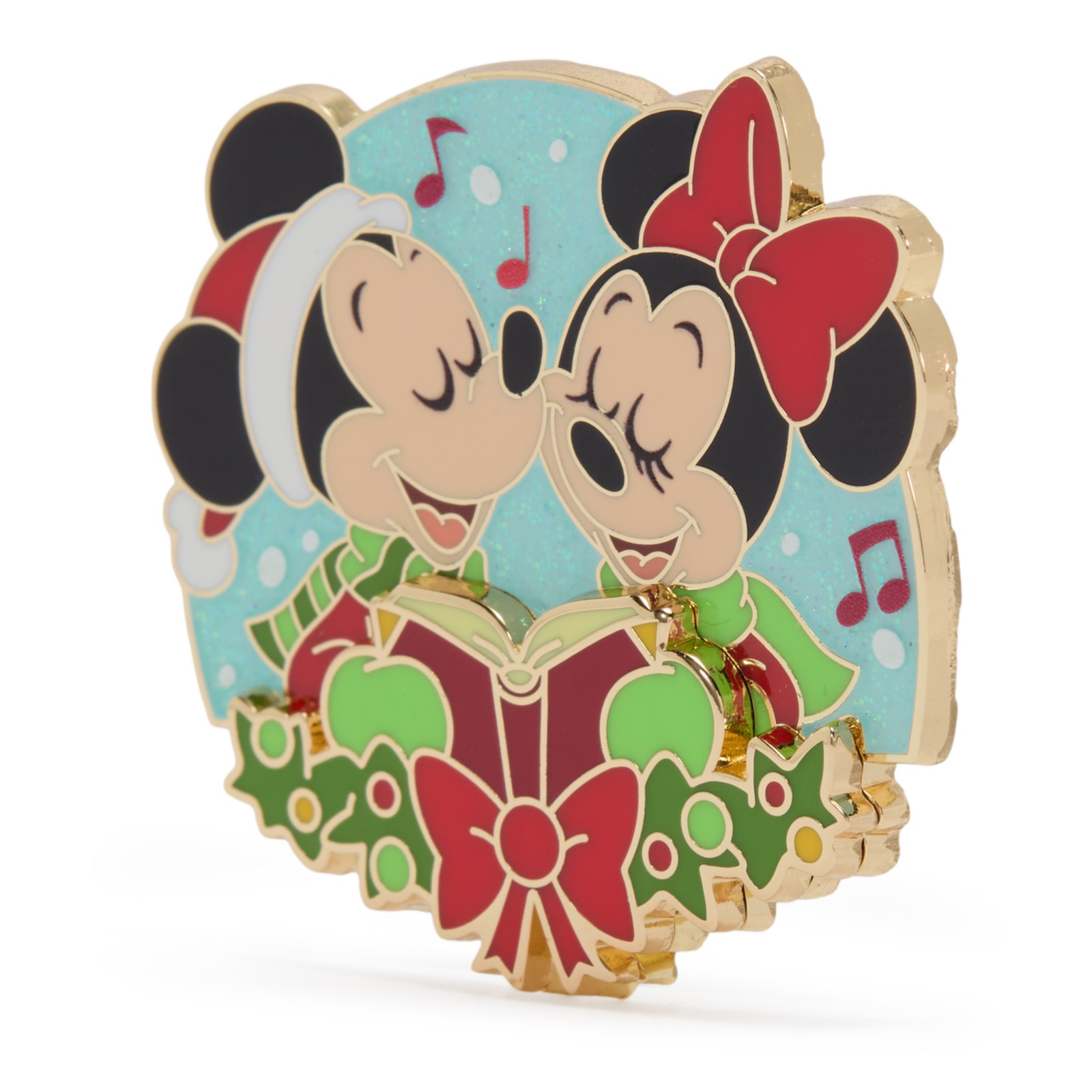 Angled view of the Mickey and Minnie Mouse Magical Melodies holiday pin