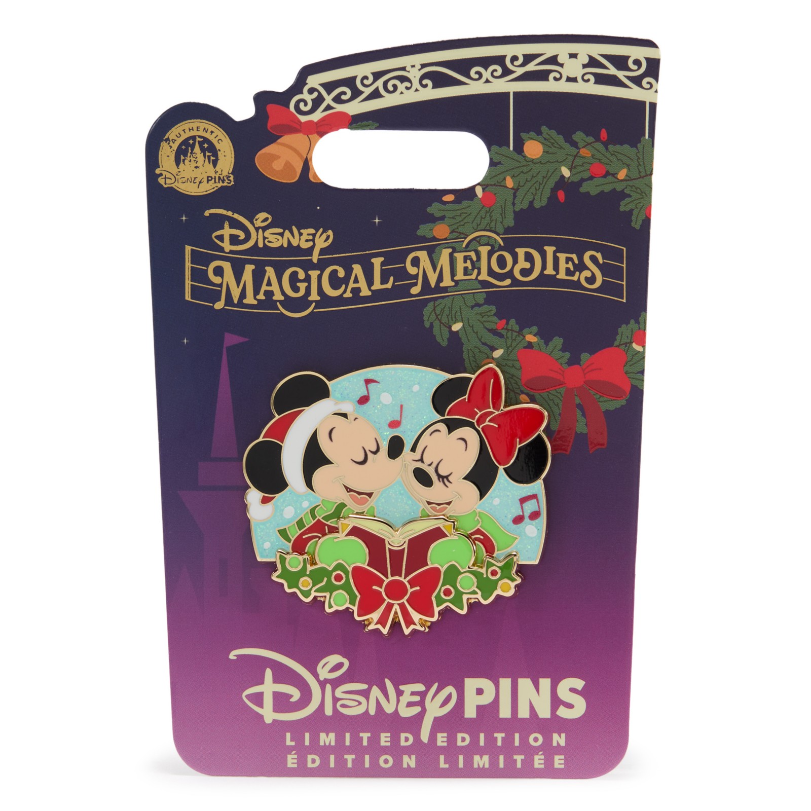 Mickey and Minnie Mouse Magical Melodies holiday pin on its display card