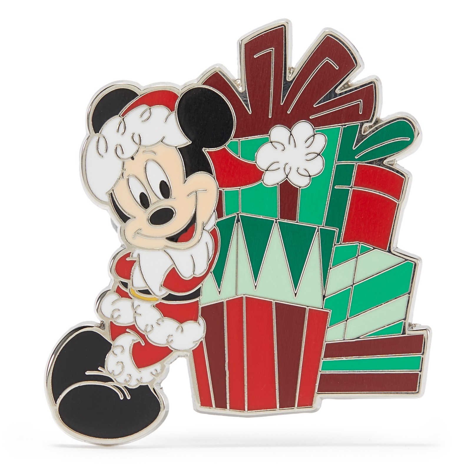 Santa Mickey Mouse beside a stack of presents on a holiday pin