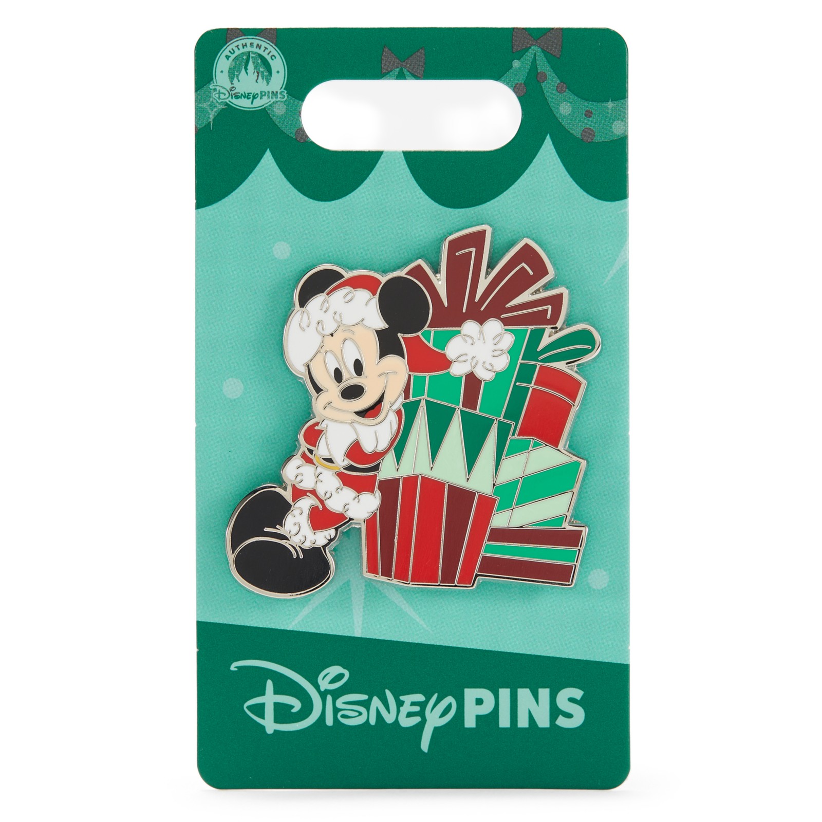 Santa Mickey Mouse holiday pin on its green Disney Pins card