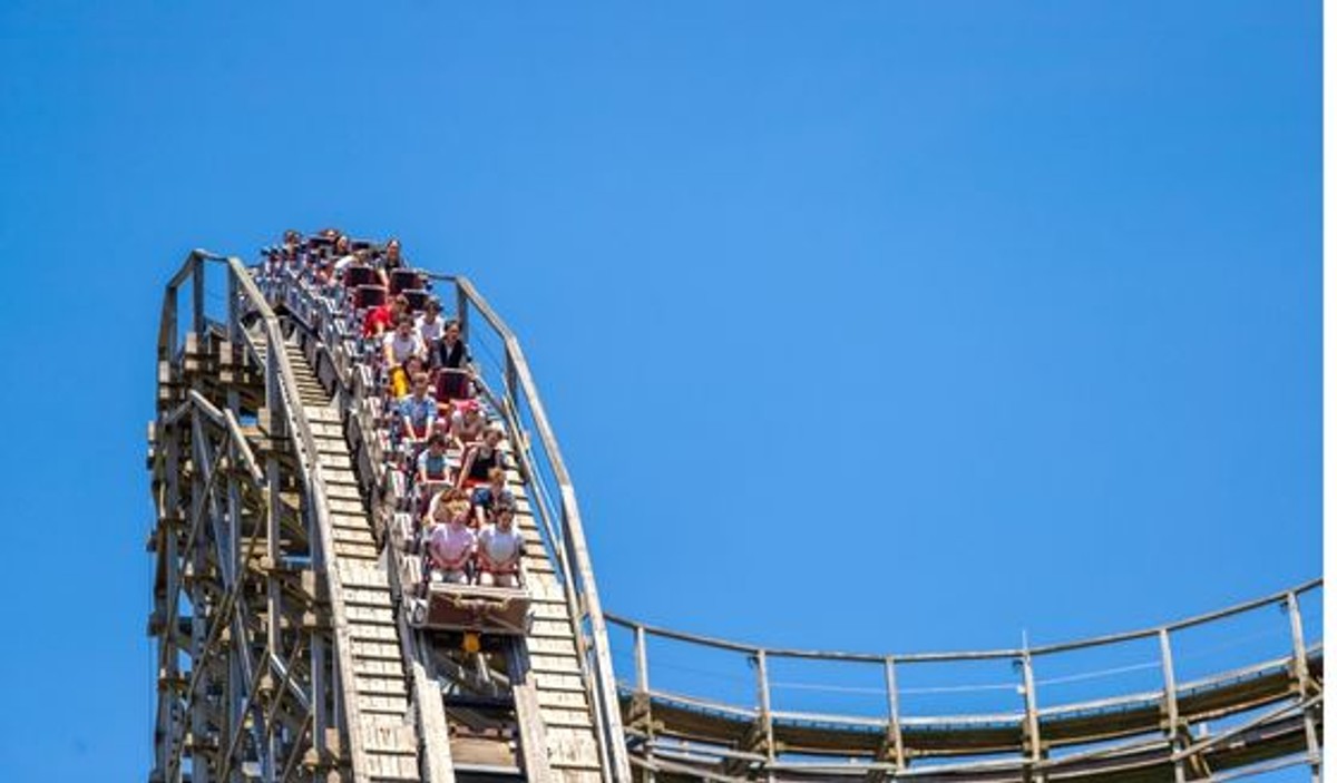 A train crests a hill on El Toro at Six Flags Great Adventure
