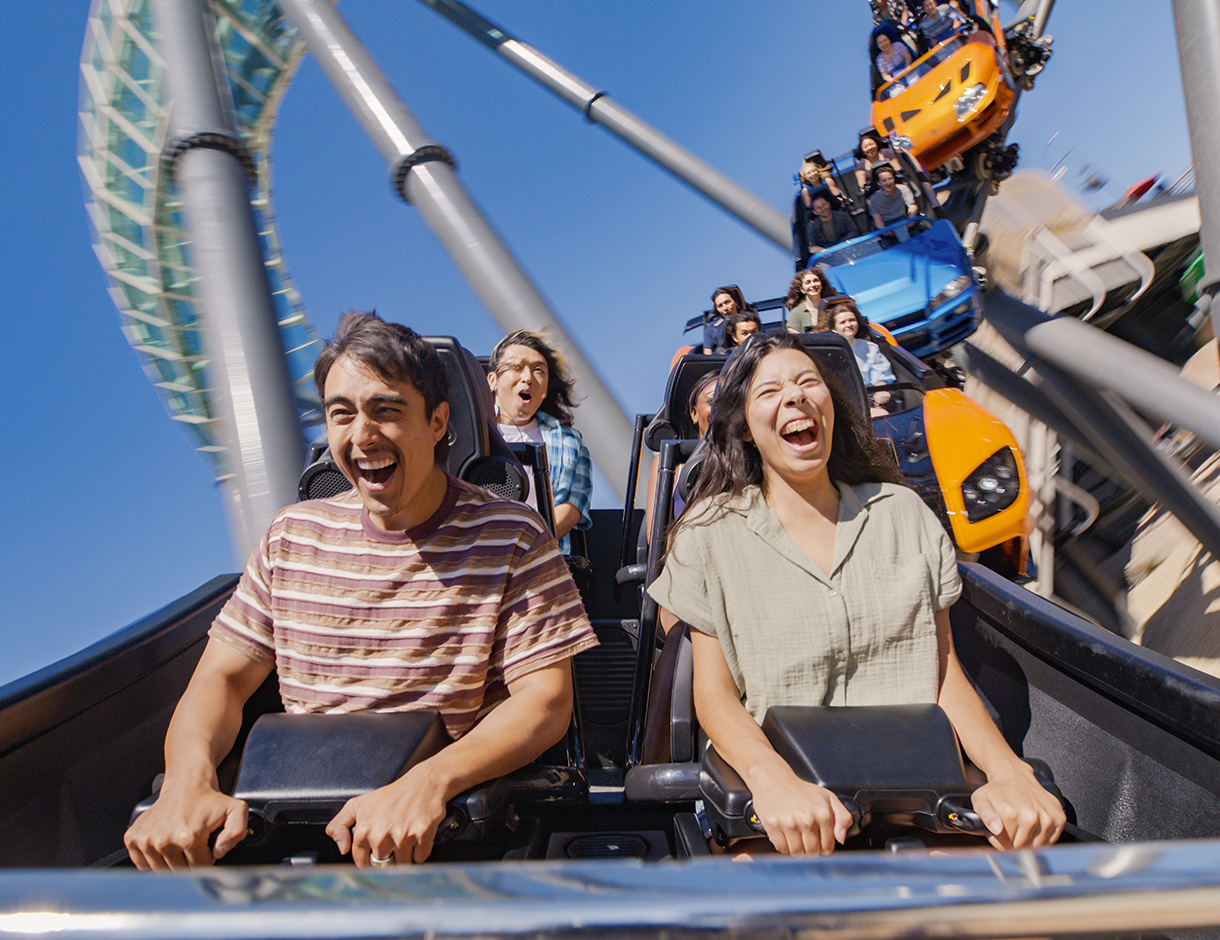 Riders aboard Fast & Furious: Hollywood Drift at Universal Studios Hollywood