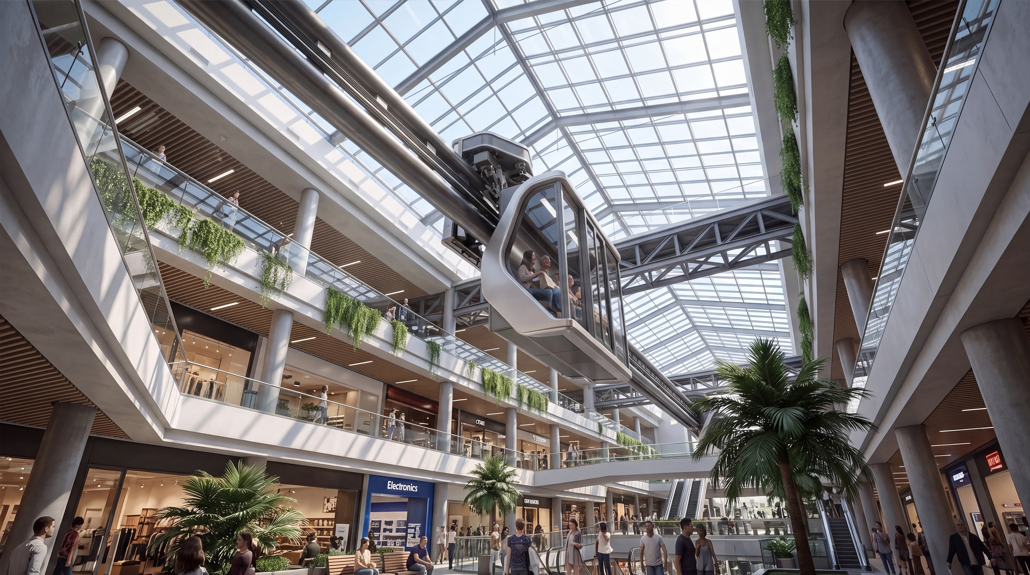 Maurer Rides Spike PM360 cabin travels above a shopping mall concourse