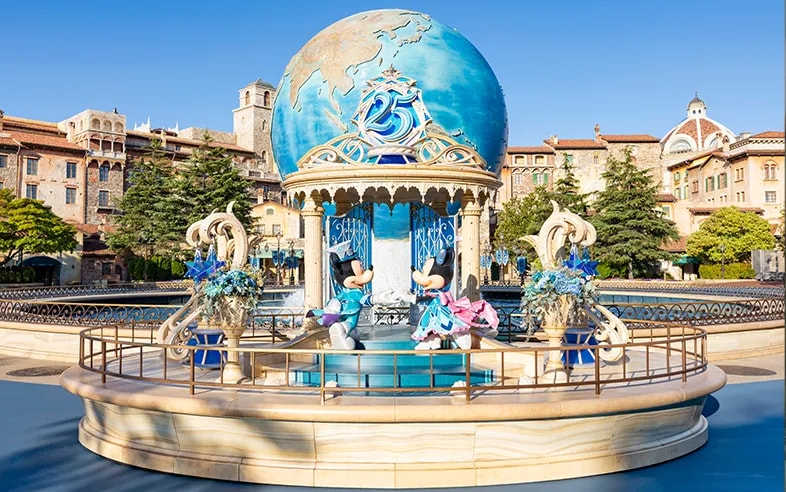 Tokyo DisneySea AquaSphere decorated for the park's 25th anniversary